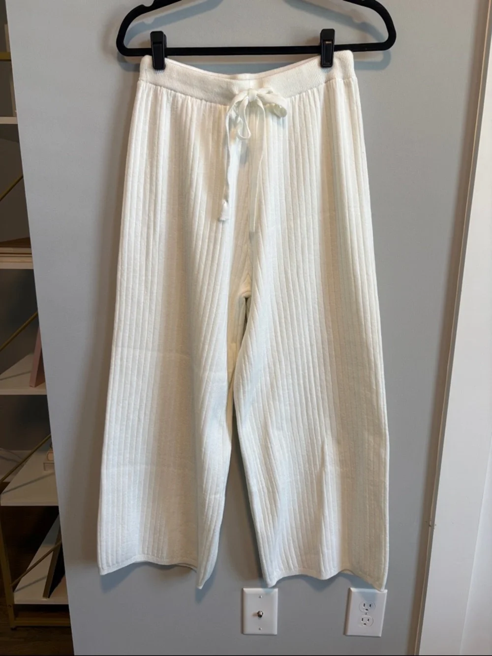Ivory Ribbed Knit Wide-Leg Pants - Picture 1 of 2